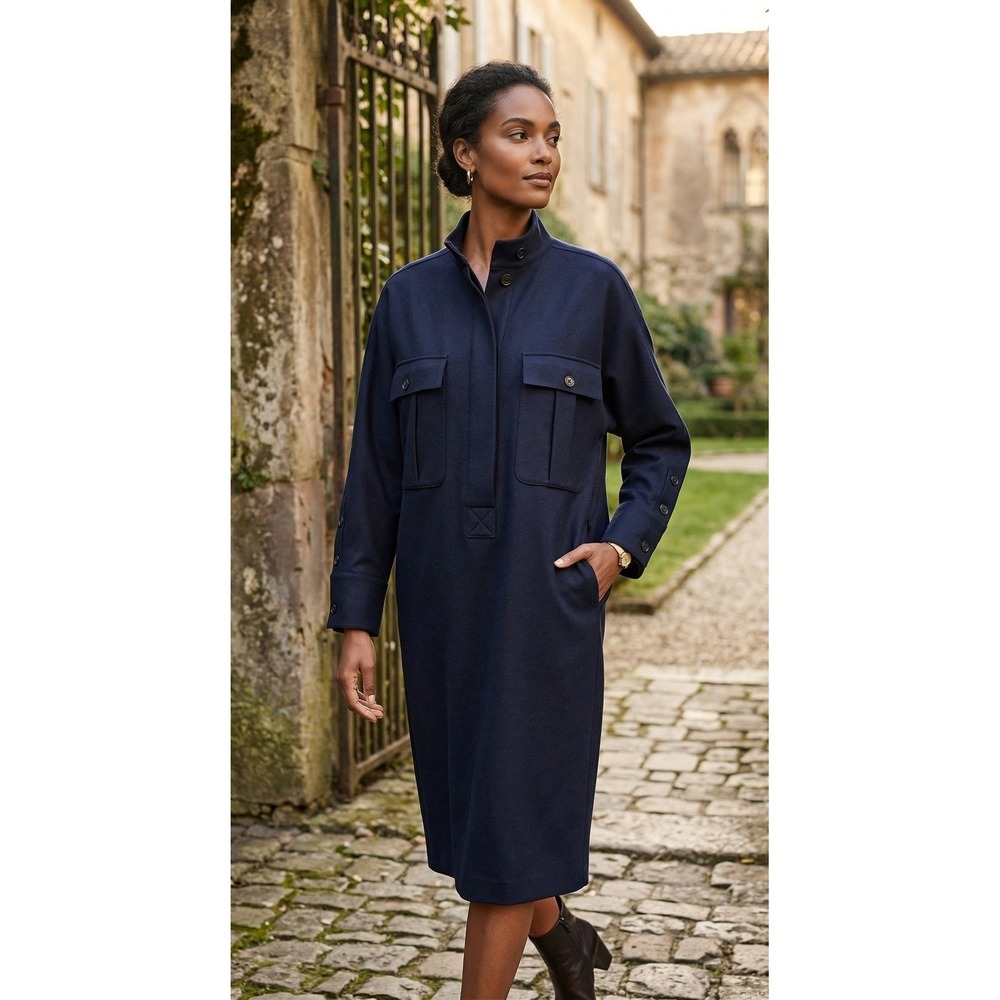 Vintage Lauren Alexandra Wool Utility Midi Dress Size 8 Mock Neck Navy Hongkong